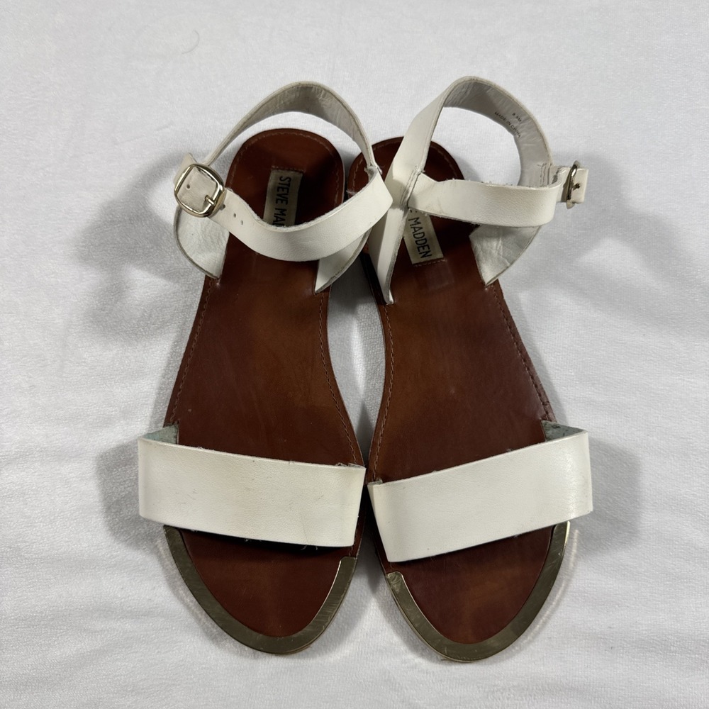 Steve Madden DONDDI Sandals Women's 8.5 White‎ Leather Sandals Gold Hardware